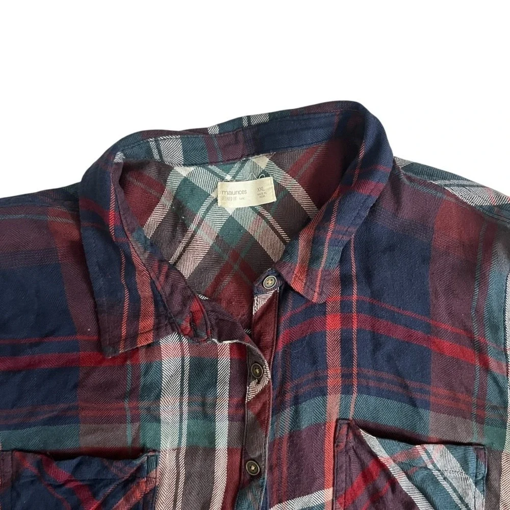Maurices Relaxed Fit Tunic Plaid Button‎ Down Shirt XXL Burgundy Navy Rayon